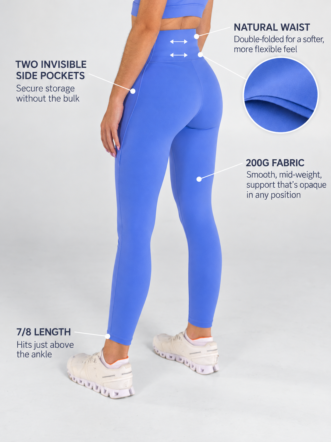 Trimline Natural-Waist Legging in persian jewel, waistband detail.
