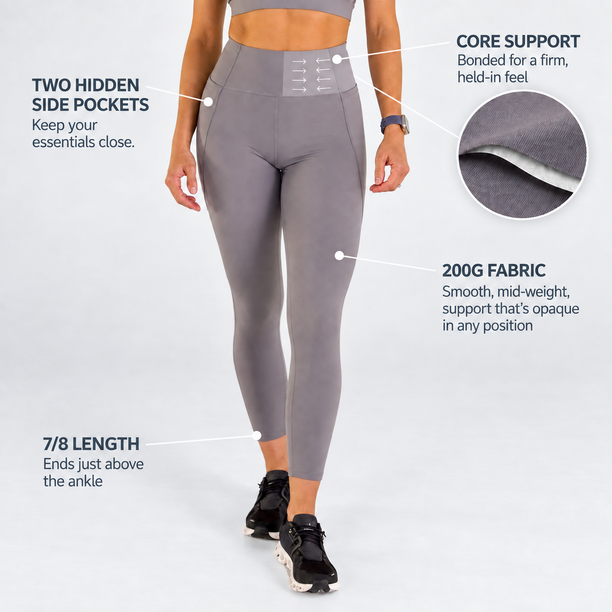 Trimline Core Support Legging in abalone shell, waistband detail.