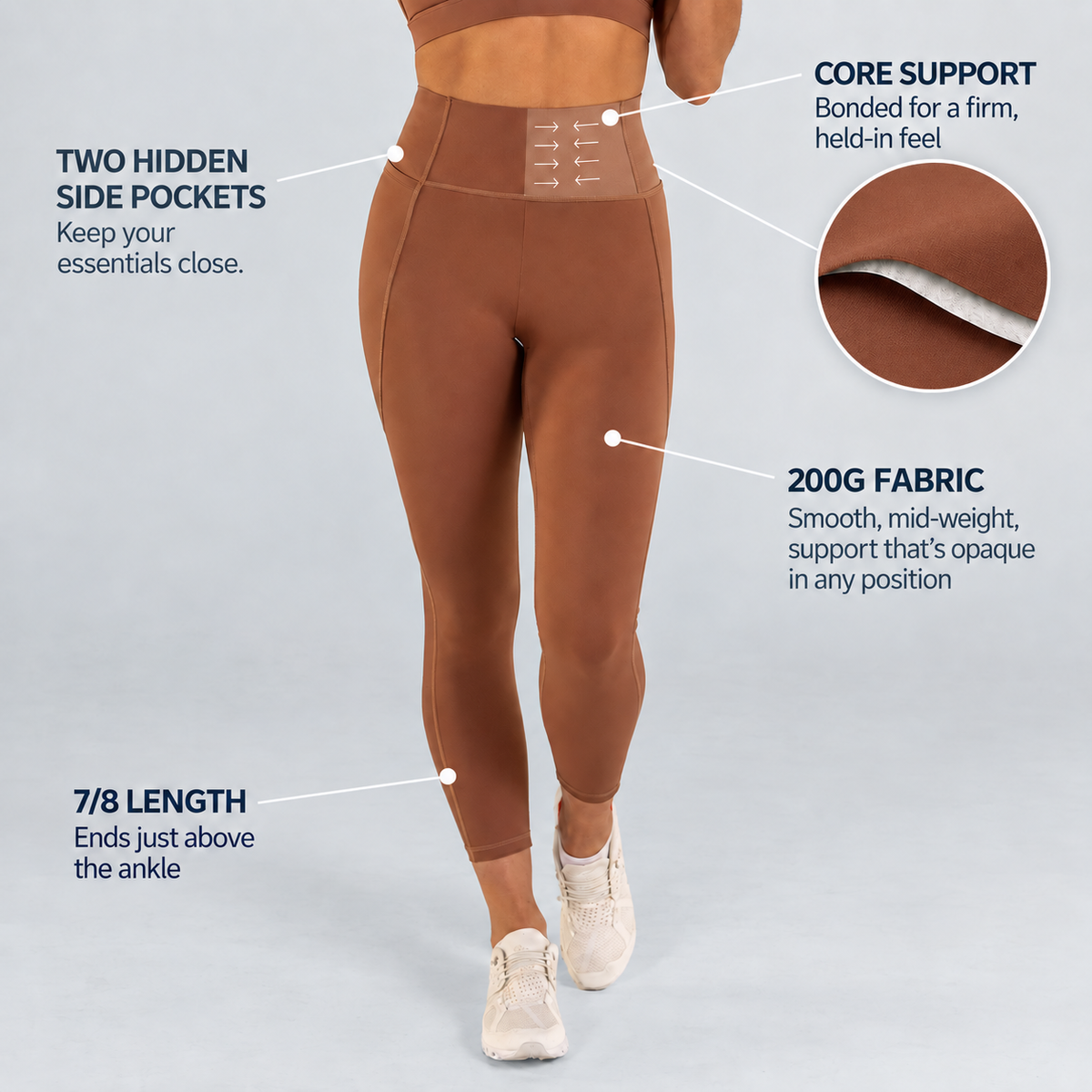 Trimline Core Support Legging in carob brown, waistband detail.