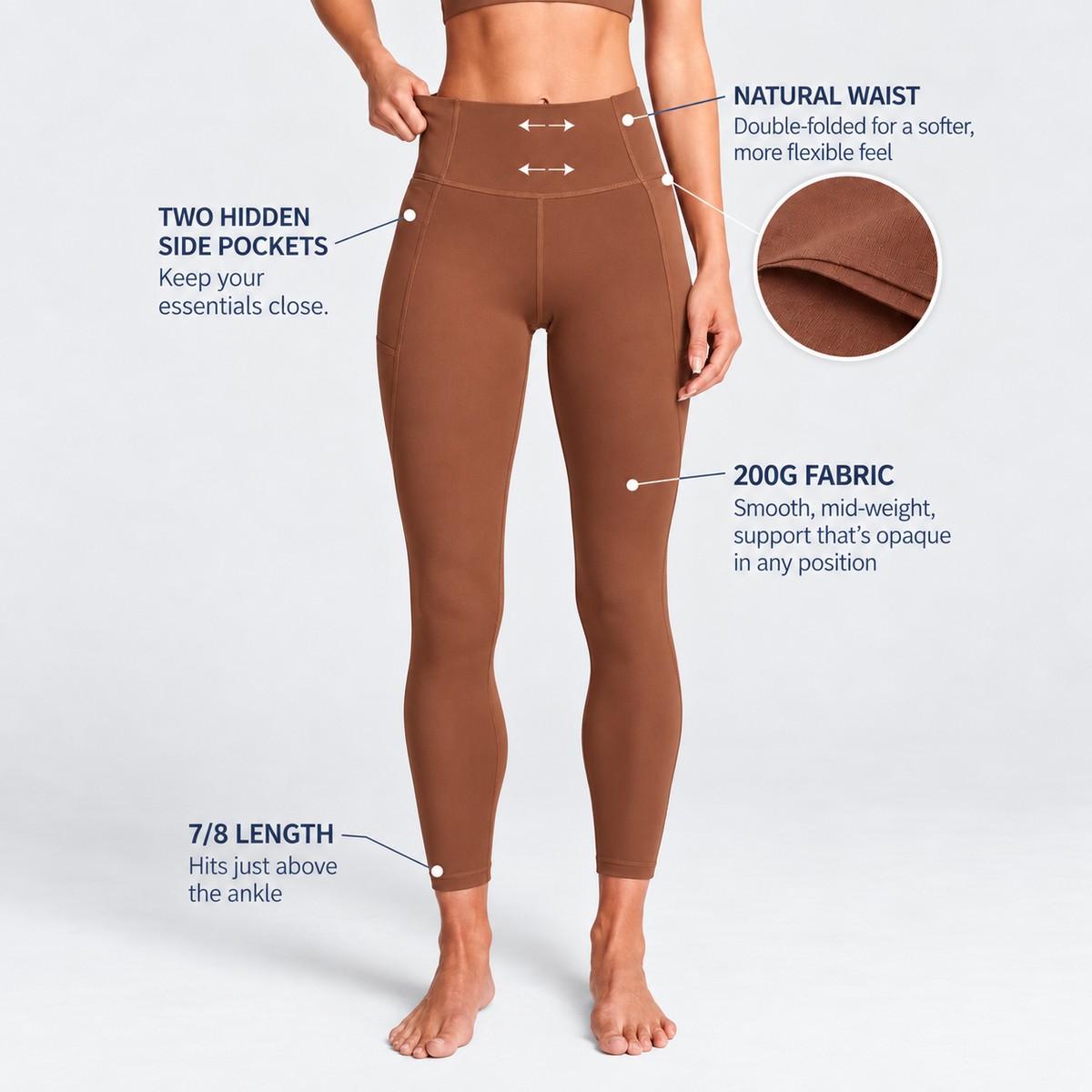 Trimline Natural-Waist Legging in carob brown, waistband detail.