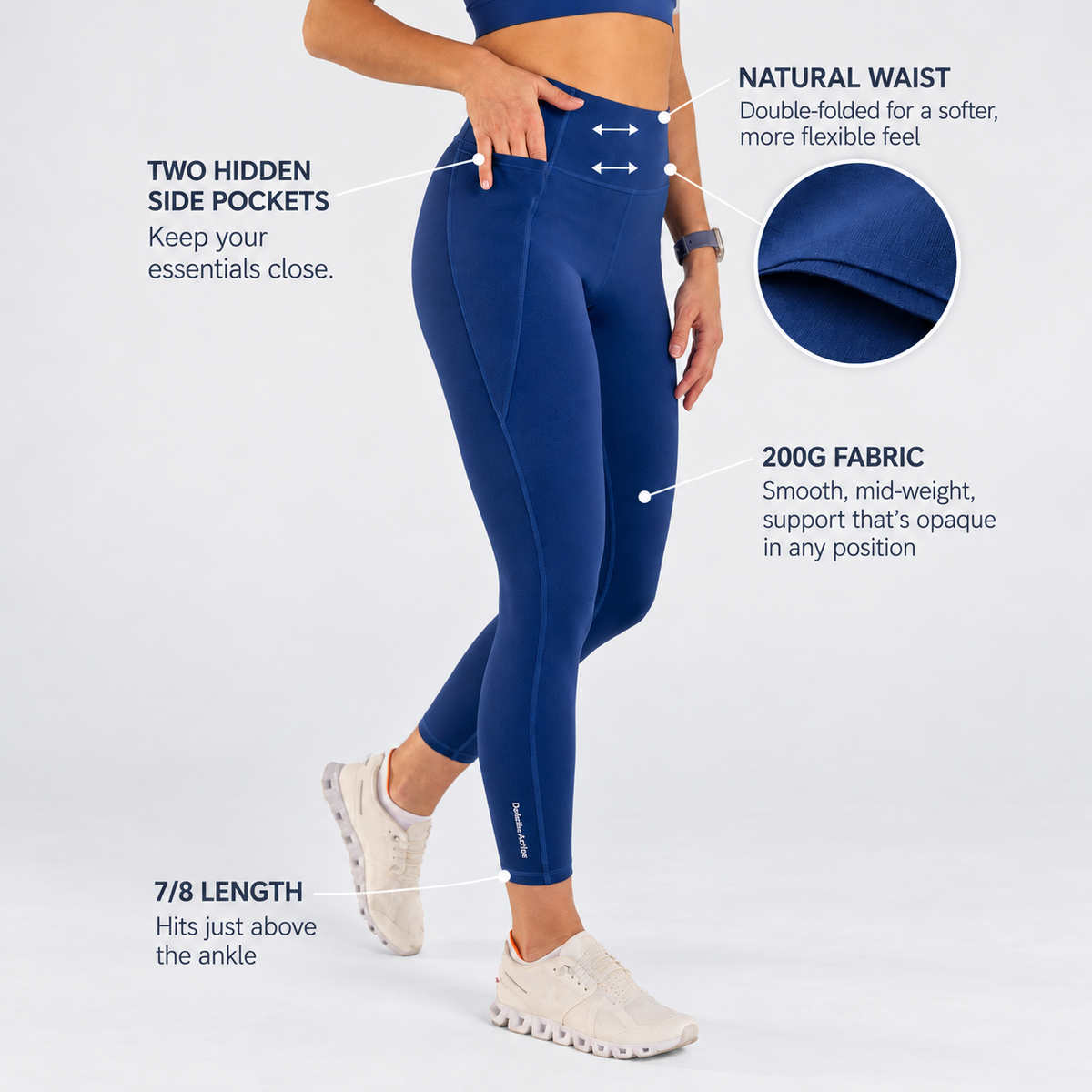 Trimline Natural-Waist Legging in estate blue, waistband detail.