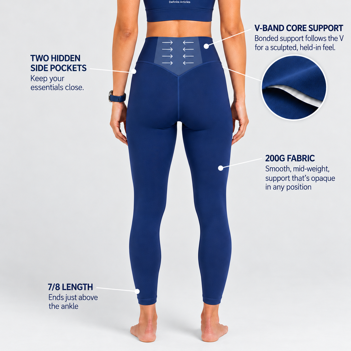 Trimline V-Waist Legging in estate blue, waistband detail.