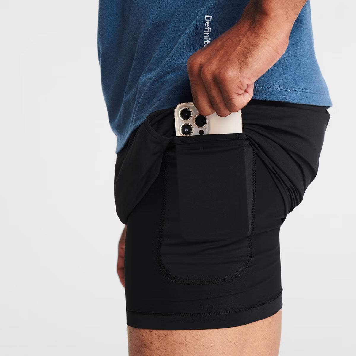 Man wearing black Tor Shorts  by Definite Articles. Closeup on pocket.