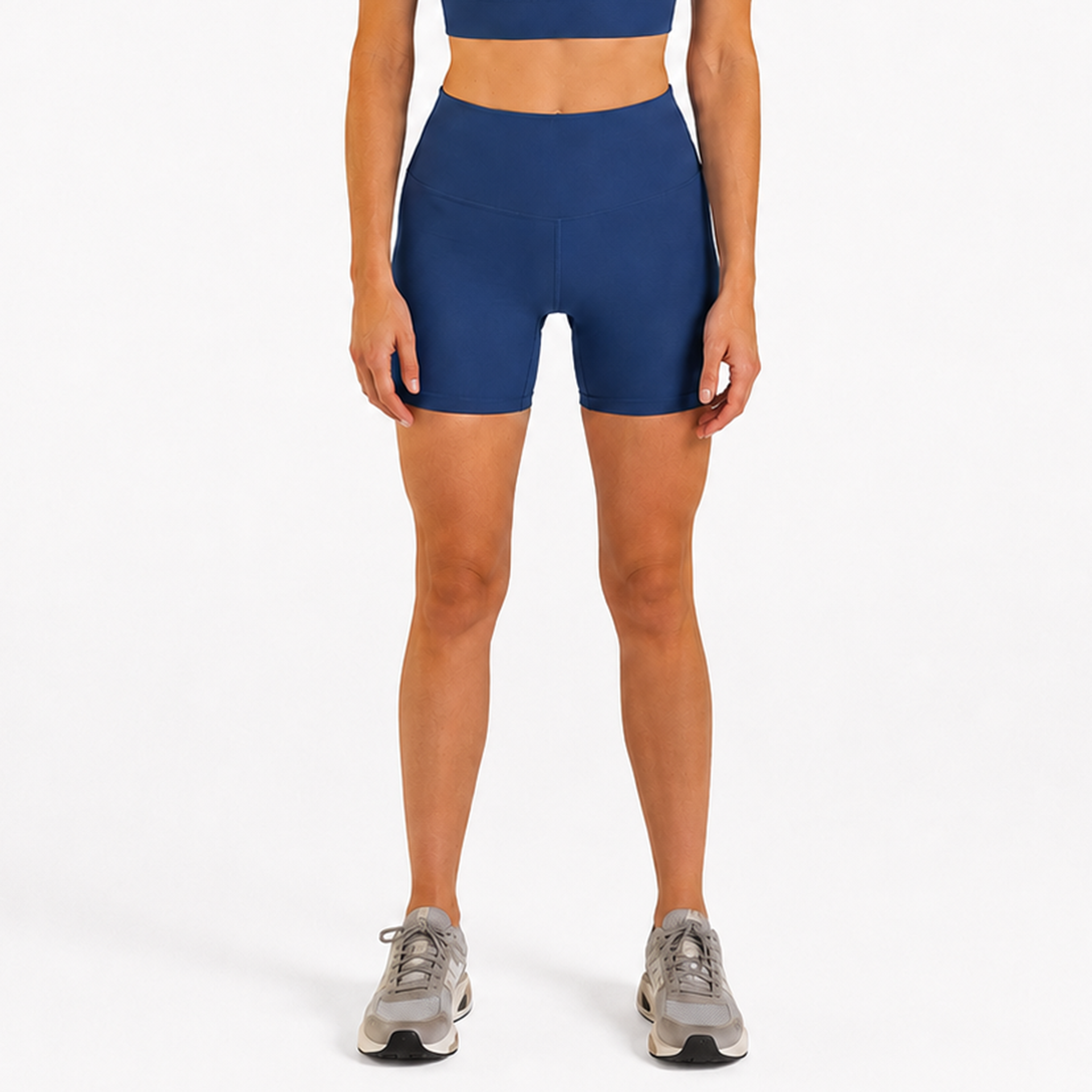 Woman wearing estate blue Trimline 5" Shorts by Definite Articles.