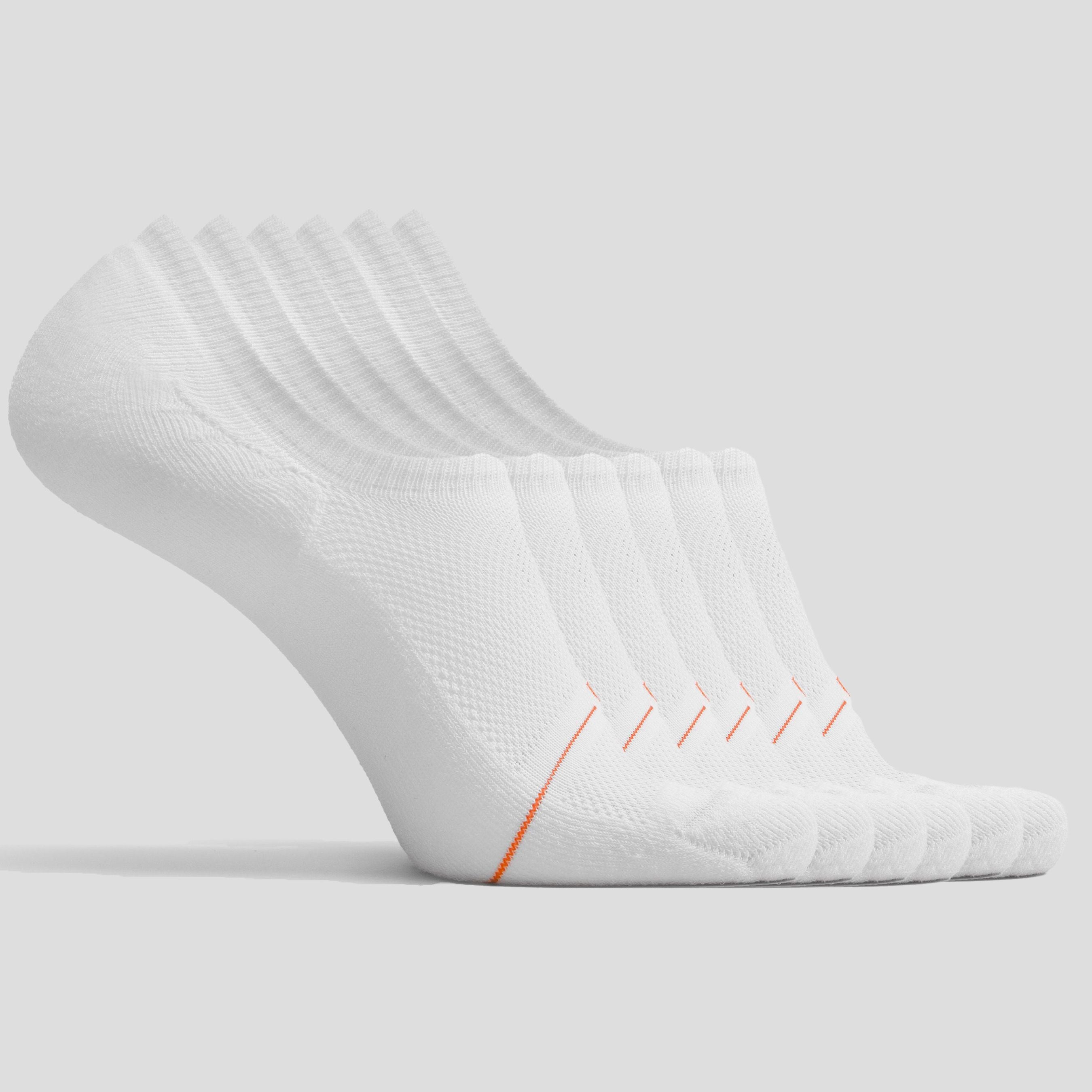 Women's white no-show sock 6-pack by Definite Articles, all three pairs fanned out